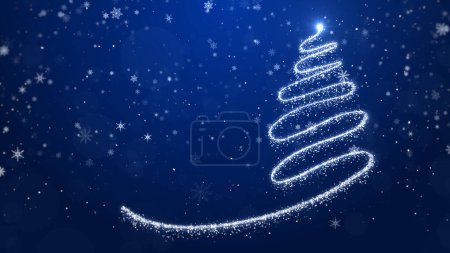 Foto de Feliz Navidad concepto tarjetas de felicitación regalos. Árbol de Navidad con luz brillante con partículas, copos de nieve que caen, y estrellas, fondo azul 3d Rendering - Imagen libre de derechos