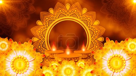 Lámpara de aceite y flores, Mandala con Bokeh Saludo para fondo Diwali, Feliz Diwali, Deepavali o Dipawali Festival Hindú Celebración, 3d rendering