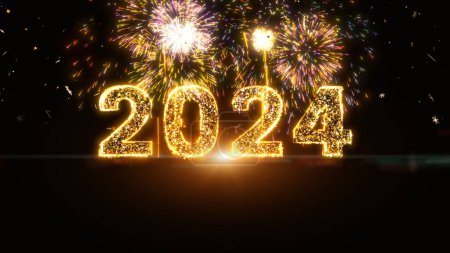 Photo for Fireworks Celebrate New Year's Eve 2024 Background. Golden Multicolor Abstract Glowing Bokeh Fireworks Show In Night Sky Concept Merry Christmas and Happy New Year 2024, 3D Rendering - Royalty Free Image