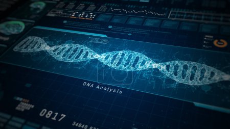 Hervorhebung der Schnittstelle zwischen Neurowissenschaften und genetischer Analyse, Schnittstelle zur Neurogenetik mit Hirnscans und DNA-Sequenzierung. 3D-Darstellung