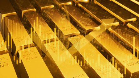 Barras de oro y concepto de gráfico financiero, ilustración digital de barras de oro con un gráfico de la bolsa superpuesta que representa la riqueza y las estrategias de inversión. renderizado 3d