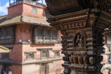 Photo for Wooden carved pillars in the temple of Durbar square at Patan Kathmandu, Nepal. - Royalty Free Image