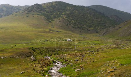 Belle nature du Kazakhstan sur le plateau d'Assy en été. Rivière de montagne, collines vertes et yourtes blanches.