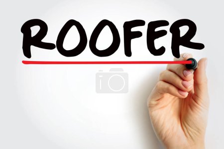 Foto de Roofer - a person who constructs or repairs roofs, text concept for presentations and reports - Imagen libre de derechos