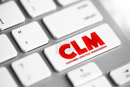 Photo for CLM - Customer Lifecycle Management is the measurement of multiple customer-related metrics, which, when analyzed for a period of time, indicate performance of a business, text button on keyboard - Royalty Free Image