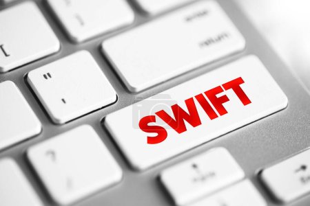 La red de mensajería SWIFT es un componente del sistema de pagos global, botón de concepto de texto en el teclado