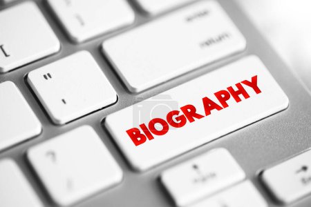 Foto de Biografía es una descripción detallada de la vida de una persona, botón de concepto de texto en el teclado - Imagen libre de derechos