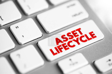 Assets Lifecycle - 5 Hauptphasen während der Lebensdauer: Planung, Erwerb, Nutzung, Wartung und Entsorgung, Textkonzept-Taste auf der Tastatur
