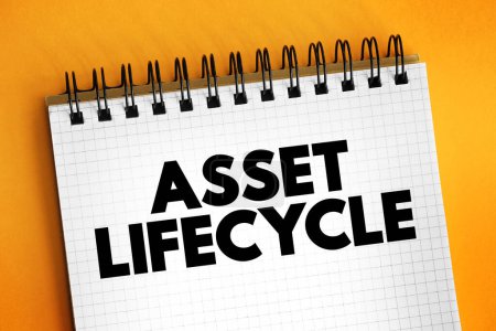 Assets Lifecycle - 5 Hauptphasen während des Lebenszyklus: Planung, Erwerb, Nutzung, Wartung und Entsorgung, Textkonzept auf Notizblock
