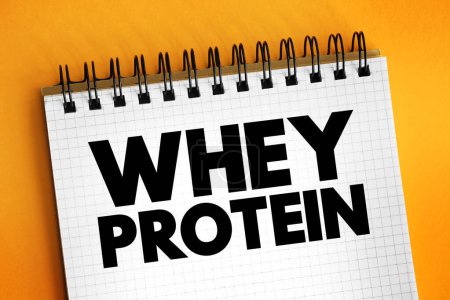 Whey Protein ist eine Mischung aus Proteinen, die aus Molke isoliert werden, dem flüssigen Material, das als Nebenprodukt der Käseproduktion entsteht, Textkonzept auf Notizblock