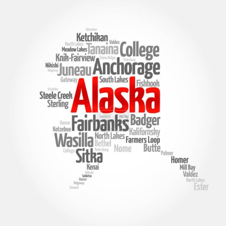 Alaska: el estado más grande de los Estados Unidos por área, se encuentra en la esquina noroeste de América del Norte, separado de los Estados Unidos contiguos por Canadá, fondo concepto de nube de palabra