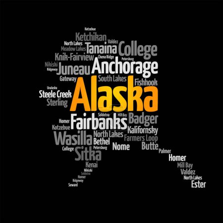 Téléchargez les illustrations : L'Alaska, le plus grand État des États-Unis par région, est situé à l'extrême nord-ouest de l'Amérique du Nord, séparé des États-Unis contigus par le Canada, concept de nuage de mots arrière-plan - en licence libre de droit