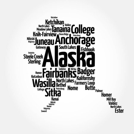 Alaska - flächenmäßig der größte Staat der Vereinigten Staaten, liegt im äußersten Nordwesten Nordamerikas, getrennt von den angrenzenden Vereinigten Staaten durch Kanada, Word Cloud Concept Hintergrund