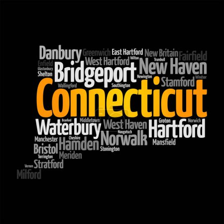 Ilustración de Connecticut - un estado en la región de Nueva Inglaterra del noreste de Estados Unidos, es conocido por su rica historia, paisajes pintorescos y cultura vibrante, fondo concepto de nube de palabras - Imagen libre de derechos