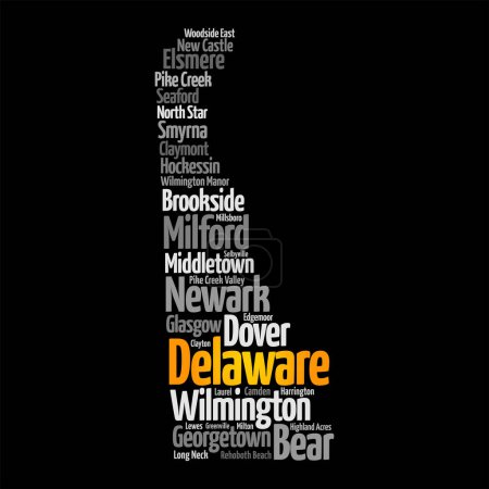 Delaware est un état de la région centre-atlantique des États-Unis, concept de nuage de mots arrière-plan