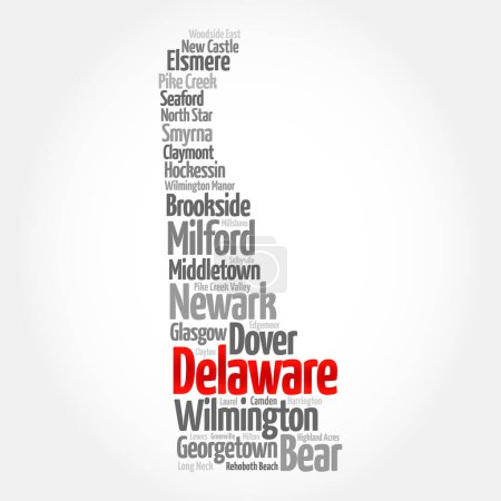 Delaware ist ein Staat in der Region Mittlerer Atlantik der Vereinigten Staaten, Word Cloud Konzept Hintergrund