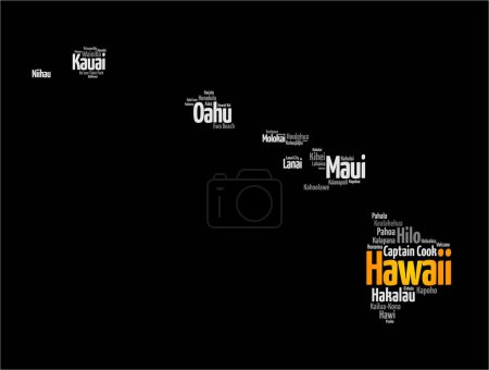 Hawaii - a U.S. state located in the central Pacific Ocean, comprised of a group of islands, word cloud text concept background