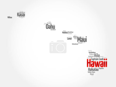 Hawaii - ein US-Bundesstaat im zentralen Pazifik, bestehend aus einer Inselgruppe, Word Cloud Text Konzept Hintergrund