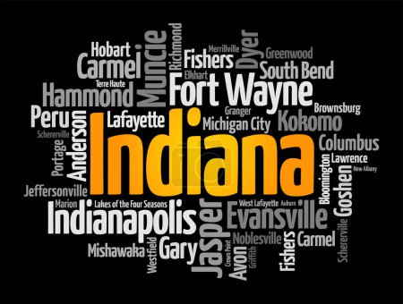 Liste des villes de l'Indiana - l'État américain situé dans les régions du Midwest et des Grands Lacs de l'Amérique du Nord, mot nuage concept background