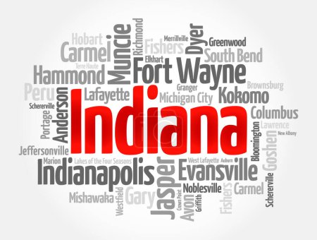 Lista de ciudades en Indiana: el estado de los Estados Unidos ubicado en las regiones del Medio Oeste y los Grandes Lagos de América del Norte, fondo del concepto de nube de palabras