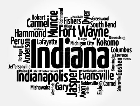 Lista de ciudades en Indiana: el estado de los Estados Unidos ubicado en las regiones del Medio Oeste y los Grandes Lagos de América del Norte, fondo del concepto de nube de palabras