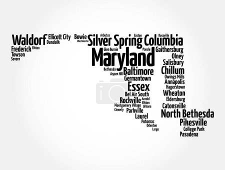 Maryland - ein Staat in der Region Mittlerer Atlantik der Vereinigten Staaten, Wort Wolkensilhouette Konzept Hintergrund