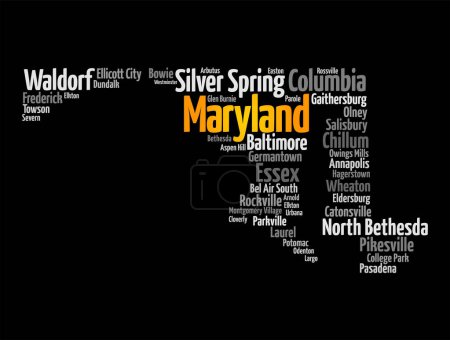 Maryland: un estado ubicado en la región del Atlántico Medio de los Estados Unidos, fondo de concepto de silueta de nube de palabra