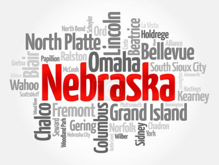 Téléchargez les illustrations : Liste des villes de l'État du Nebraska - est un État situé dans la région du Midwest des États-Unis, mot nuage concept background - en licence libre de droit
