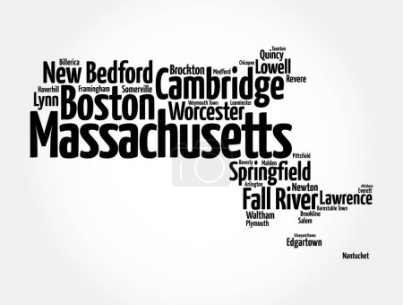 Lista de ciudades en Massachusetts - un estado en la región de Nueva Inglaterra del noreste de Estados Unidos, historia colonial, cultura diversa, universidades prestigiosas, mapa silueta palabra nube