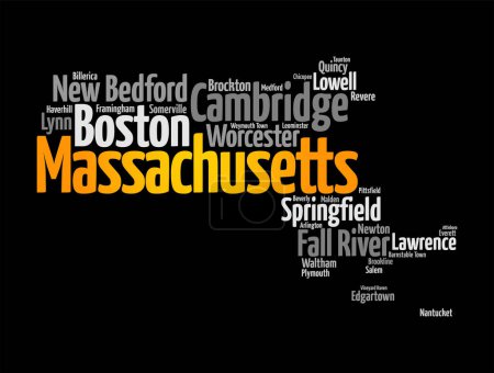 Ilustración de Lista de ciudades en Massachusetts - un estado en la región de Nueva Inglaterra del noreste de Estados Unidos, historia colonial, cultura diversa, universidades prestigiosas, mapa silueta palabra nube - Imagen libre de derechos