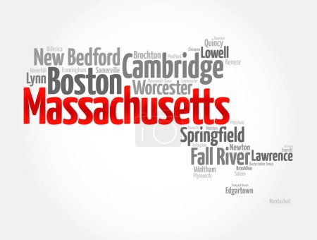 List of cities in Massachusetts - a state in the New England region of the northeastern United States, colonial history, diverse culture, prestigious universities, map silhouette word cloud