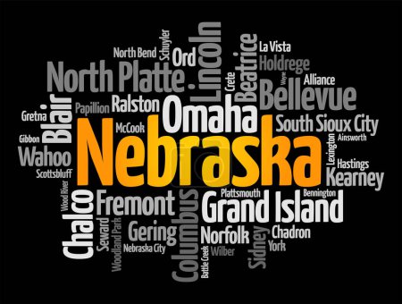 Téléchargez les illustrations : Liste des villes de l'État du Nebraska - est un État situé dans la région du Midwest des États-Unis, mot nuage concept background - en licence libre de droit
