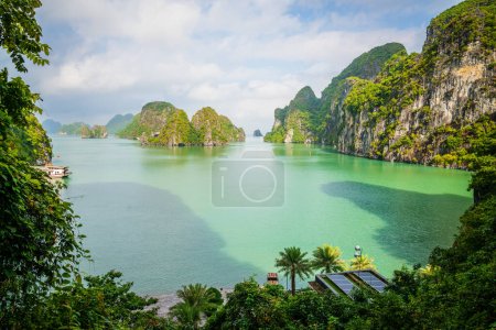 Foto de Vista panorámica de las islas de Ha Long Bay desde la entrada de la Gruta Thien Cung en Vietnam - Imagen libre de derechos