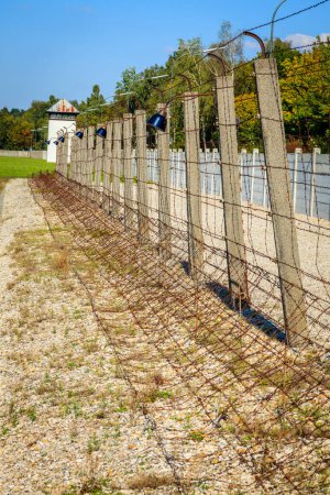 Téléchargez les photos : Clôture périmétrique avec fil barbelé électrifié au camp de concentration de Dachau en Allemagne - en image libre de droit