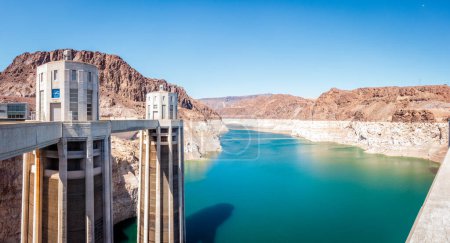 Photo for Panoramic view of Lake Mead behind Hoover Dam showing record low water level in 2022 - Royalty Free Image