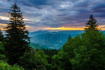 Scenic sunrise in Smokey Mountains viewed from Blue Ridge Parkway