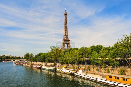 Foto de Torre Eiffel en la orilla izquierda del río Sena en París, Francia - Imagen libre de derechos