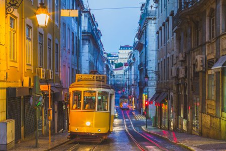 Photo for Tram on line 28 in lisbon, portugal at night - Royalty Free Image