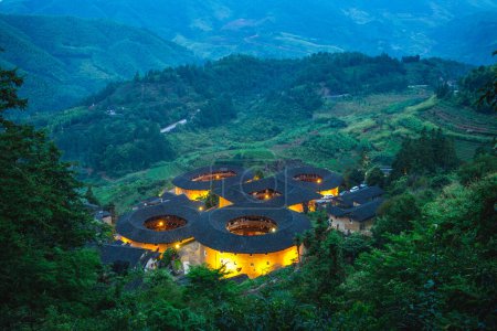 Tianluokeng Tulou cluster located in the village of Tianluokeng, fujian, china