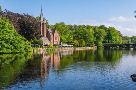 Scenery of Minnewater, the lake of love, located in Bruges, Belgium