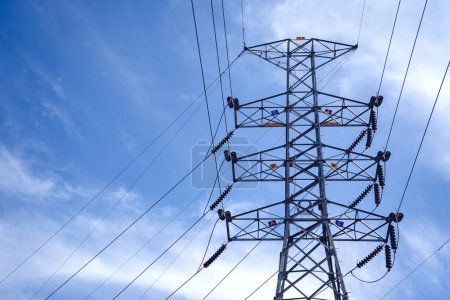 Photo for Structure pattern view of high voltage pole power transmission tower. - Royalty Free Image