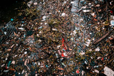 Foto de Vía navegable obstruida con contaminación plástica y otra basura. - Imagen libre de derechos