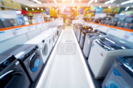 Foto de Blurred background of large household appliances and furniture store. - Imagen libre de derechos