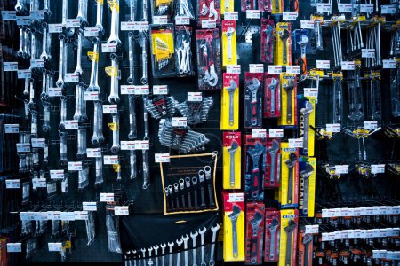 Photo for Set of hand various work tools at the showroom of a large store - Royalty Free Image