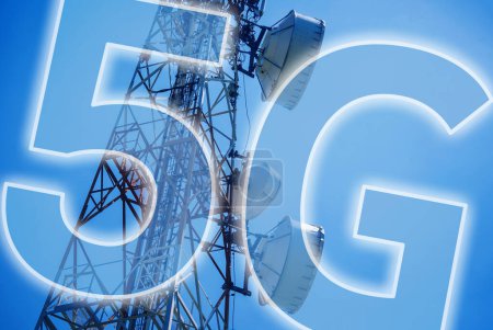 Photo for 5G Cell Towers for smart mobile telephone on sky background. - Royalty Free Image