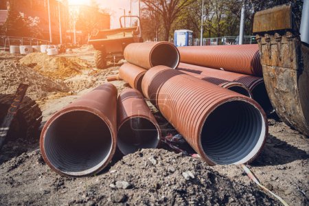 Photo for Big construction site with pipes and wires in the construction area - Royalty Free Image