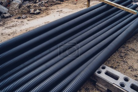 Photo for Big construction site with pipes and wires in the construction area - Royalty Free Image