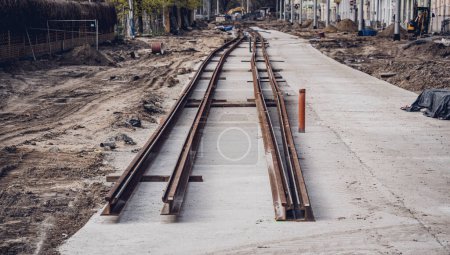 Photo for Modernization of old tram tracks on urban construction. - Royalty Free Image