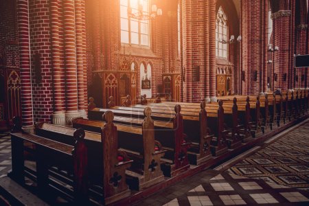 Photo for Rows of church benches at the old european catholic church - Royalty Free Image
