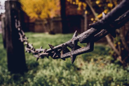 Téléchargez les photos : Vieux poteaux en pierre avec des chaînes sur un fond d'herbe verte. - en image libre de droit